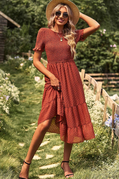 Swiss Dot Smocked Round Neck Short Sleeve Midi Dress