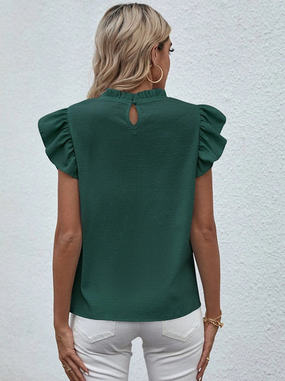 Mock Neck Ruffled Cap Sleeve Blouse