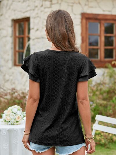 Eyelet V-Neck Short Sleeve Blouse