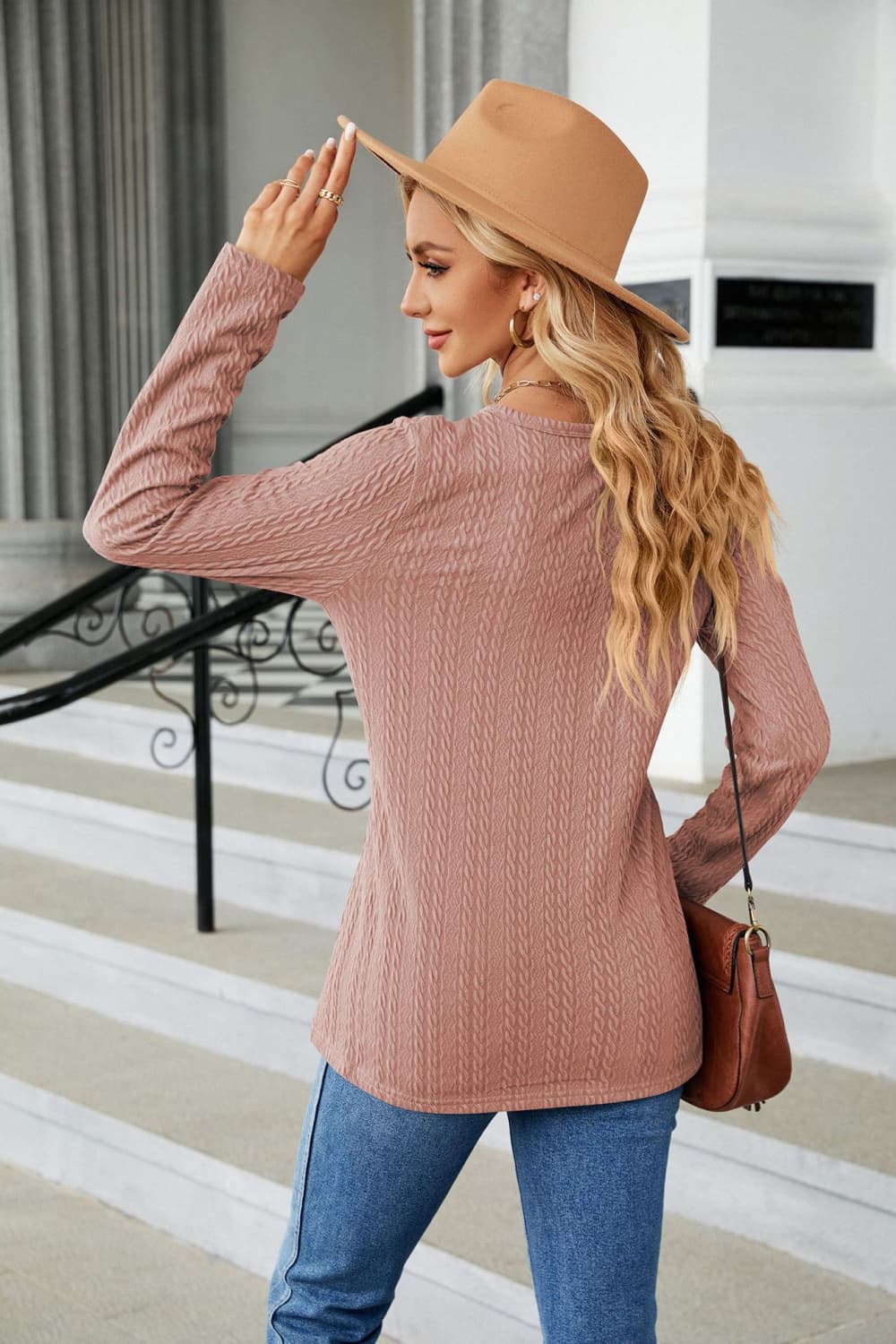 Cable-Knit Long Sleeve V-Neck T-Shirt