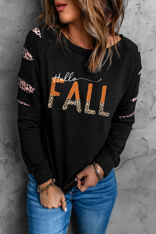 Leopard Long Sleeve Round Neck HELLO FALL Graphic Sweatshirt