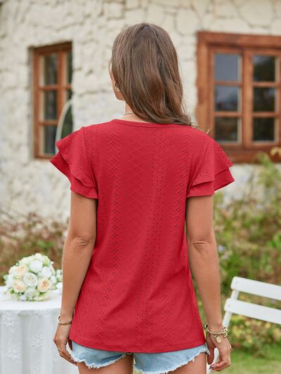 Eyelet V-Neck Short Sleeve Blouse