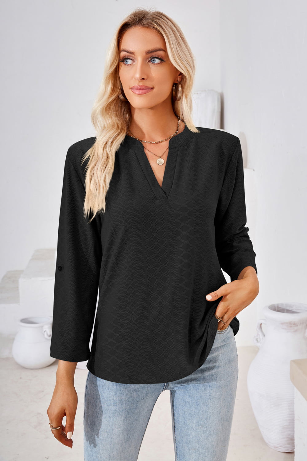 V-Neck Roll-Tap Sleeve Blouse