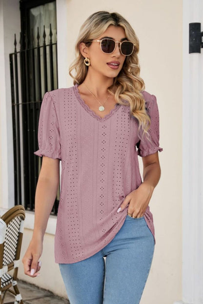 Eyelet Flounce Sleeve Scalloped V-Neck Top