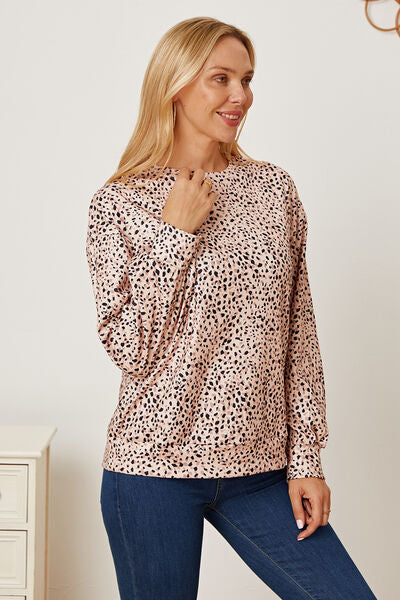 Leopard Round Neck Dropped Shoulder T-Shirt