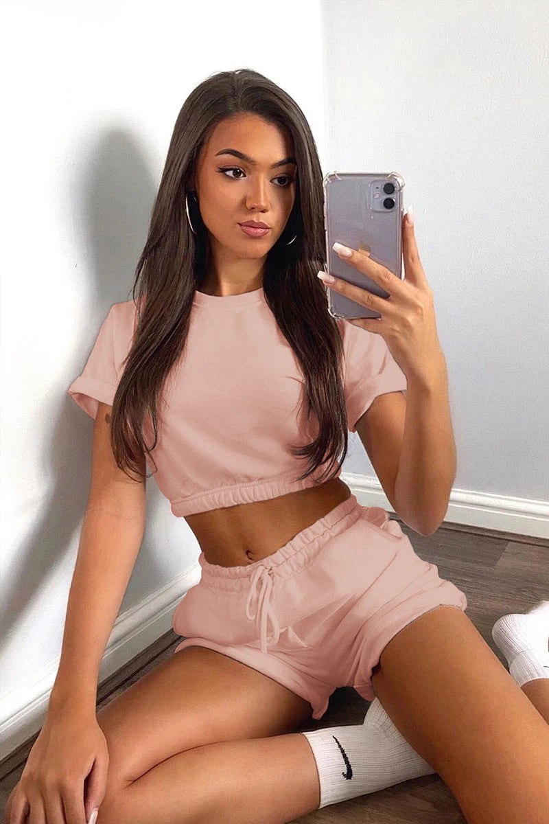 Short Sleeve Cropped Top and Drawstring Shorts Lounge Set