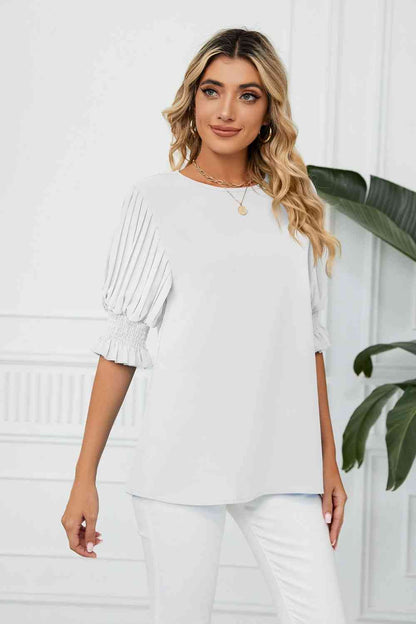 Pleated Flounce Sleeve Keyhole Blouse