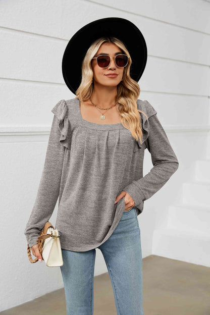 Square Neck Ruffle Shoulder Long Sleeve T-Shirt