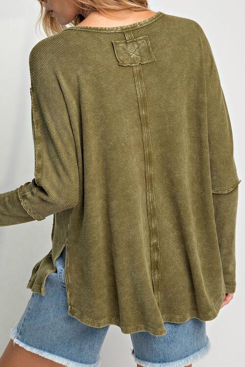 Exposed Seam Round Neck Long Sleeve Blouse