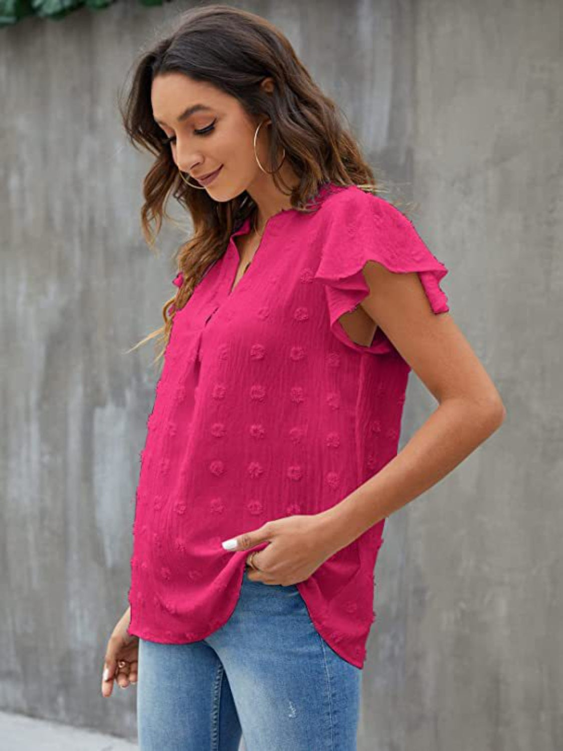 Swiss Dot Notched Cap Sleeve Blouse