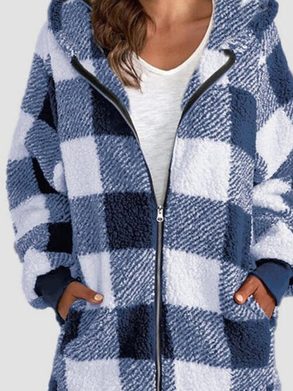 Plaid Zip Up Hooded Jacket with Pockets