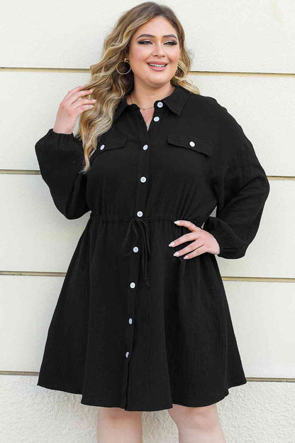 Button Up Collared Neck Drawstring Shirt Dress