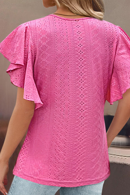 Eyelet Twisted V-Neck Flutter Sleeve Blouse