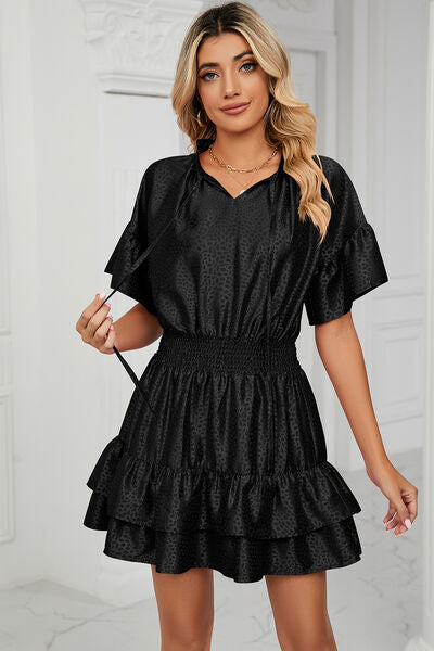 Smocked Tie Neck Flounce Sleeve Dress