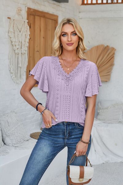 Eyelet Applique V-Neck Cap Sleeve T-Shirt