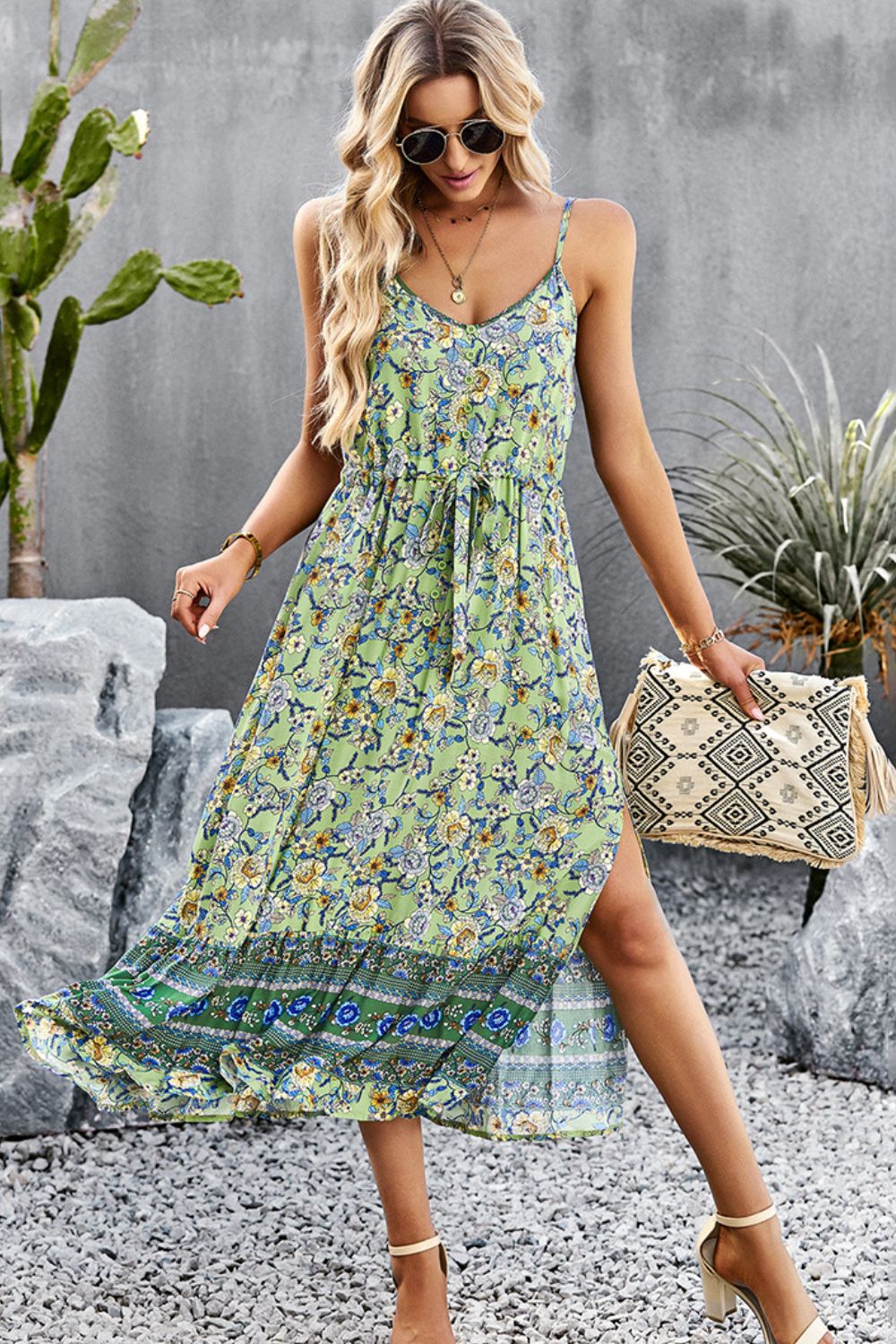 Bohemian Spaghetti Strap Drawstring Slit Dress