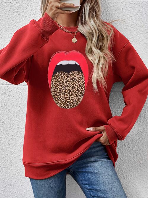 Leopard Lip Graphic Round Neck Sweatshirt