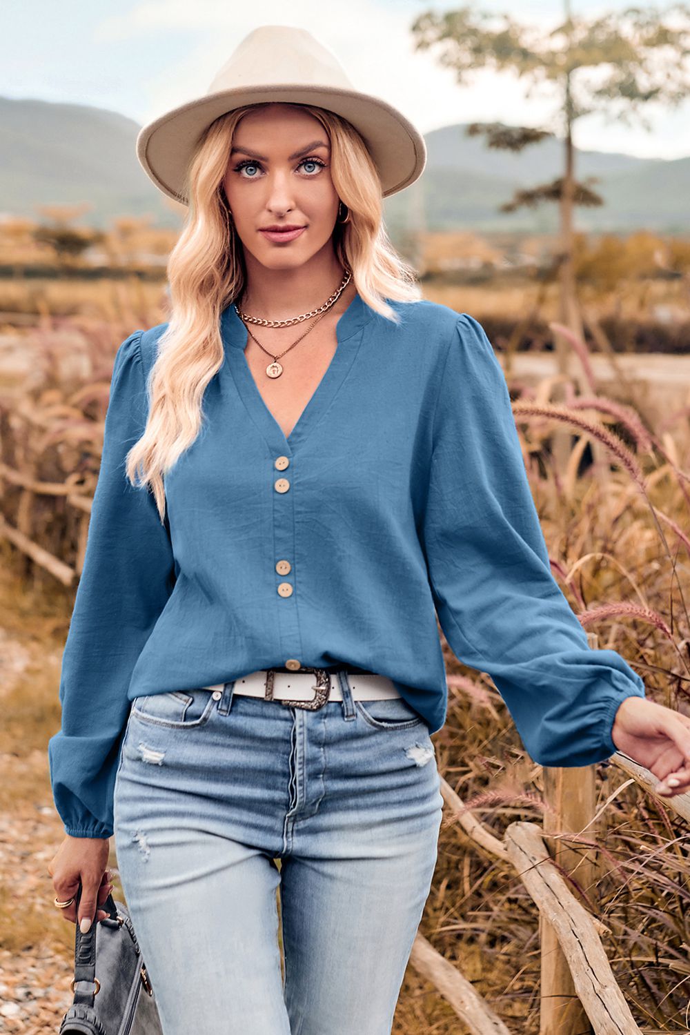 V-Neck Balloon Sleeve Button-Up Blouse