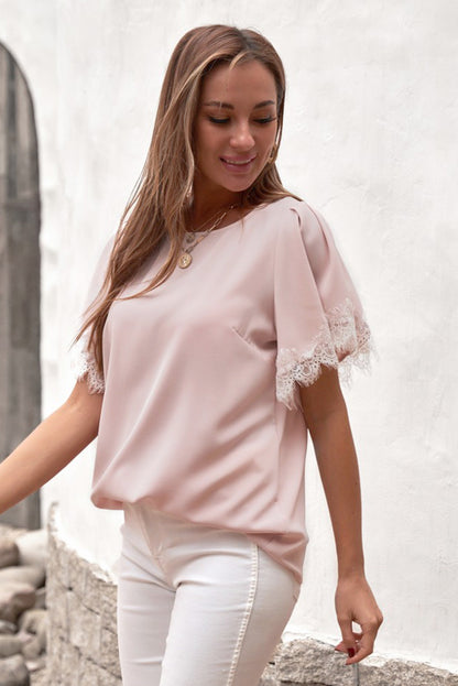 Lace Trim Flutter Sleeve Blouse