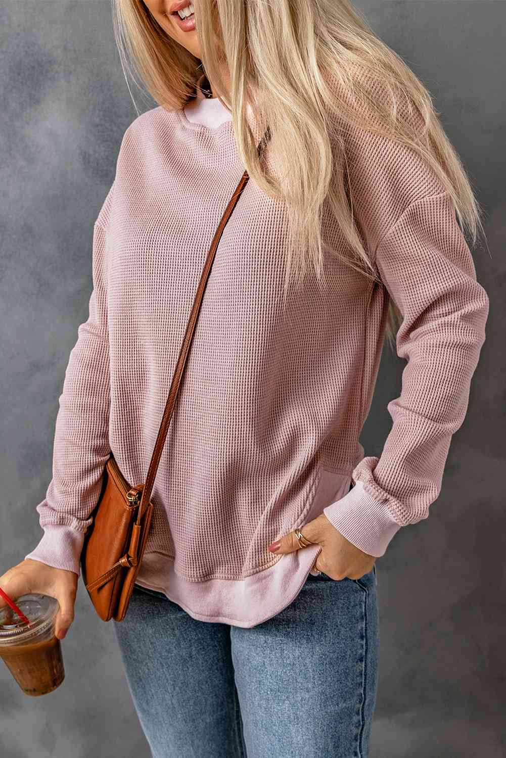 Waffle-Knit Crewneck Drop Shoulder Top