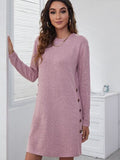 Decorative Button Round Neck Long Sleeve Dress