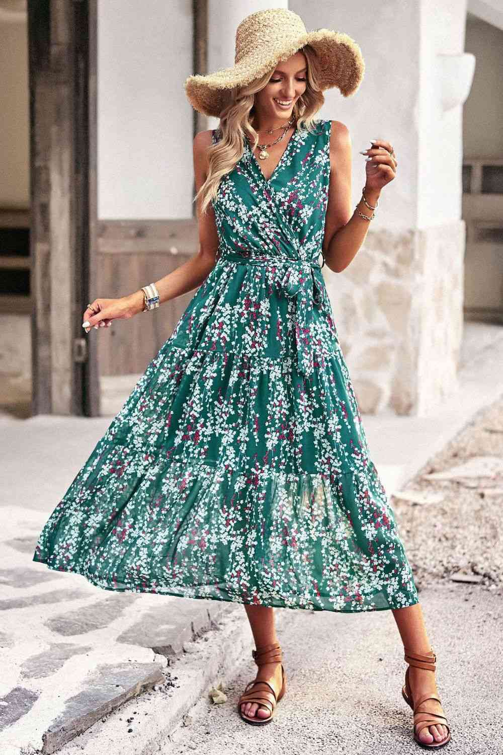 Floral Belted Surplice Sleeveless Tiered Dress