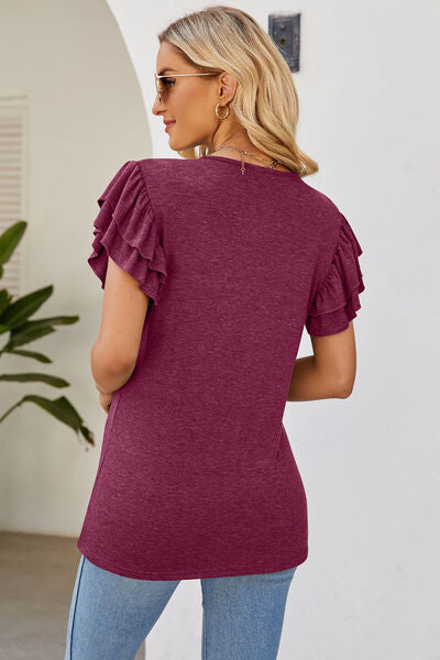 Ruffled V-Neck Flutter Sleeve T-Shirt