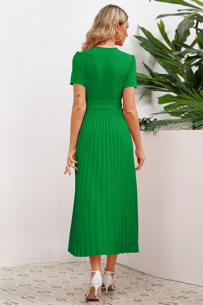 Pleated Surplice Short Sleeve Midi Dress