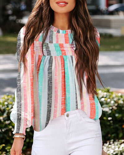 Striped Round Neck Long Sleeve Blouse