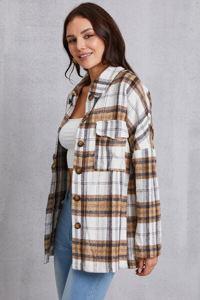 Plaid Button Up Dropped Shoulder Outerwear