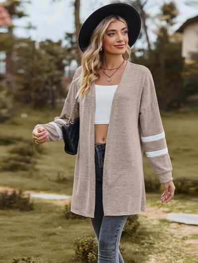 Striped Open Front Dropped Shoulder Cardigan