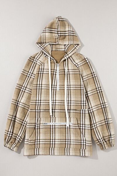 Drawstring Plaid Half Zip Raglan Sleeve Hoodie