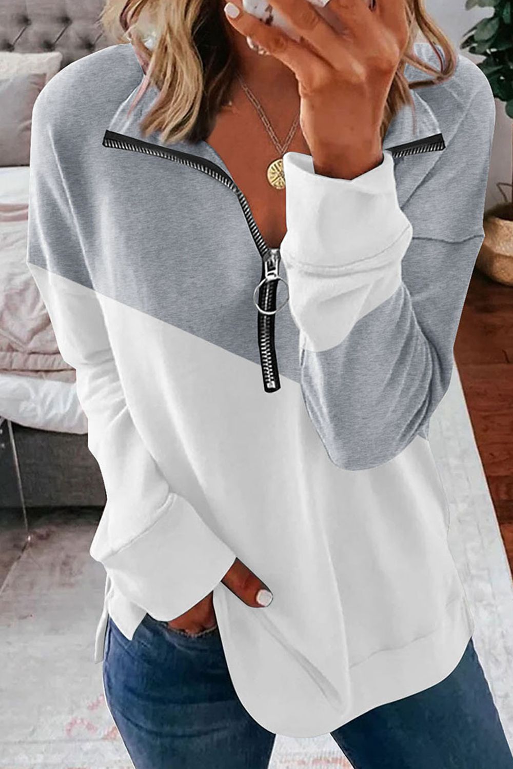 Contrast Zip-Up Collared Neck Dropped Shoulder Blouse