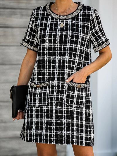 Pocketed Plaid Round Neck Short Sleeve Dress