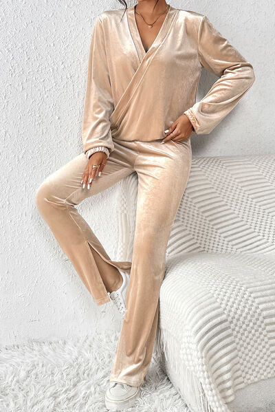 Surplice Long Sleeve Top and Slit Pants Set