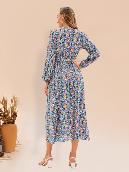 Full Size Printed Surplice Long Sleeve Dress