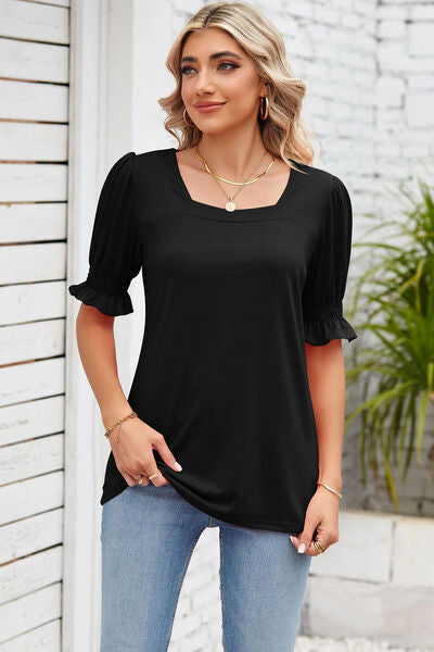 Smocked Square Neck Short Sleeve T-Shirt