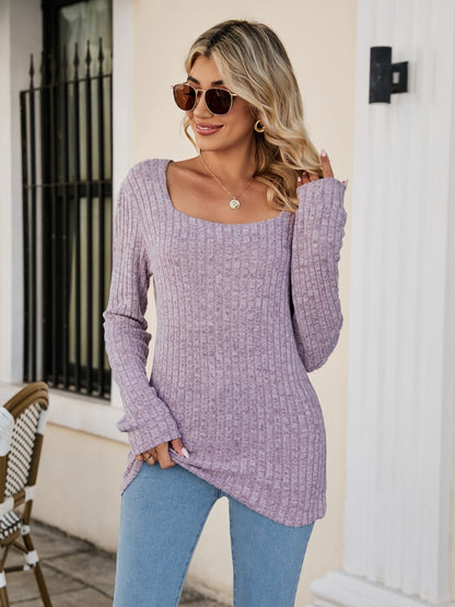 Square Neck Ribbed Long Sleeve T-Shirt