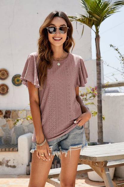 Eyelet Flutter Sleeve Short Sleeve Top