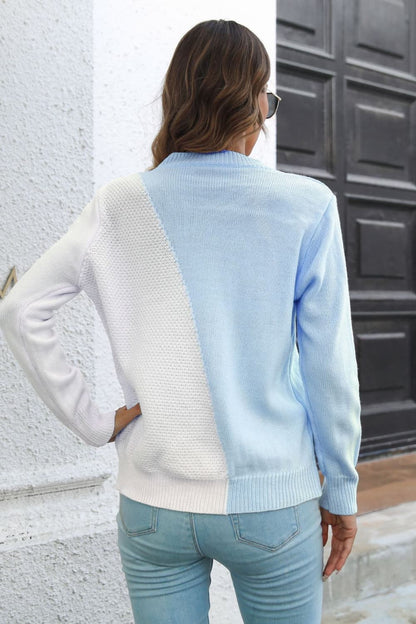 Contrast Color Round Neck Long Sleeve Sweater