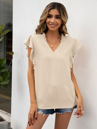 Ruffled Notched Cap Sleeve Blouse