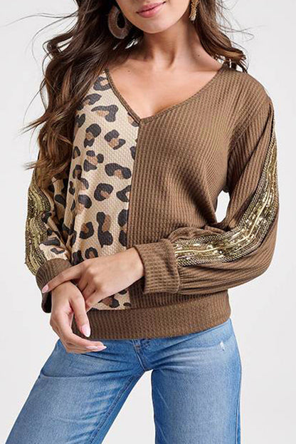 Leopard V-Neck Waffle-Knit Top