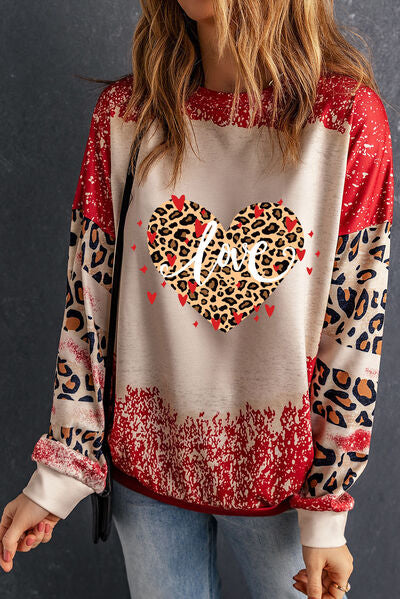 LOVE Heart Leopard Round Neck Sweatshirt