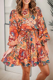 Tropical Print Tie Waist Lantern Sleeve Mini Dress