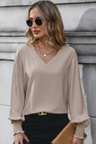 Pleated Lantern Sleeve V-Neck Blouse