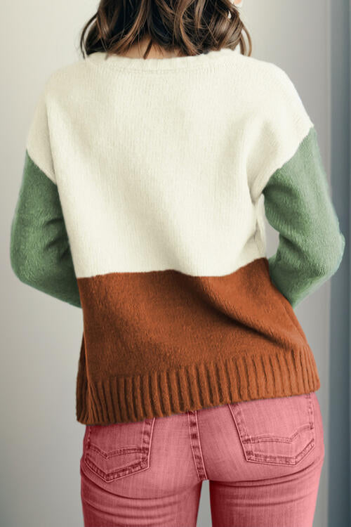 Color Block Round Neck Long Sleeve Sweater