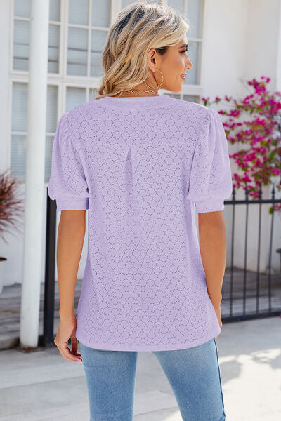 Eyelet Notched Puff Sleeve T-Shirt