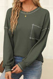 Contrast Stitching Waffle-Knit Round Neck Blouse