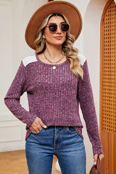 Eyelet Ribbed Round Neck Long Sleeve T-Shirt