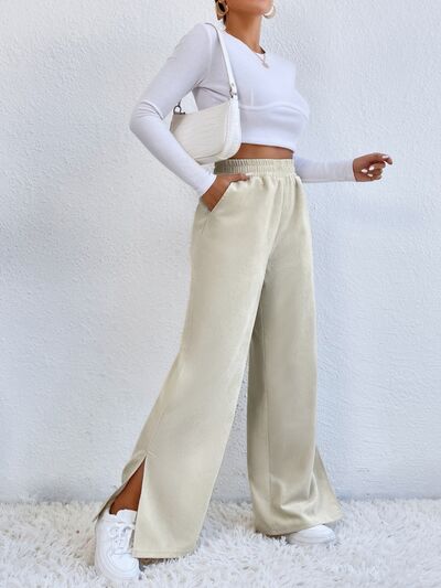 Slit Pocketed High Waist Wide Leg Pants